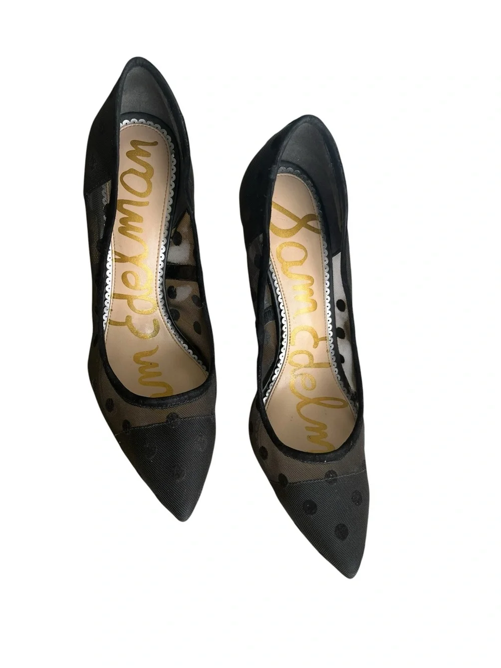 Sam Edelman Black Polka Dot Pointed-Toe Mesh Pumps Sz 9 1/2